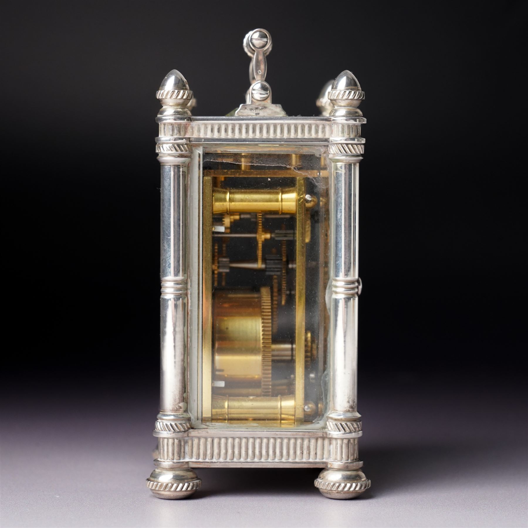 Chas Frodsham, London - Miniature carriage clock with white dial in engraved silver case on compressed bun feet, London assay H10cm 