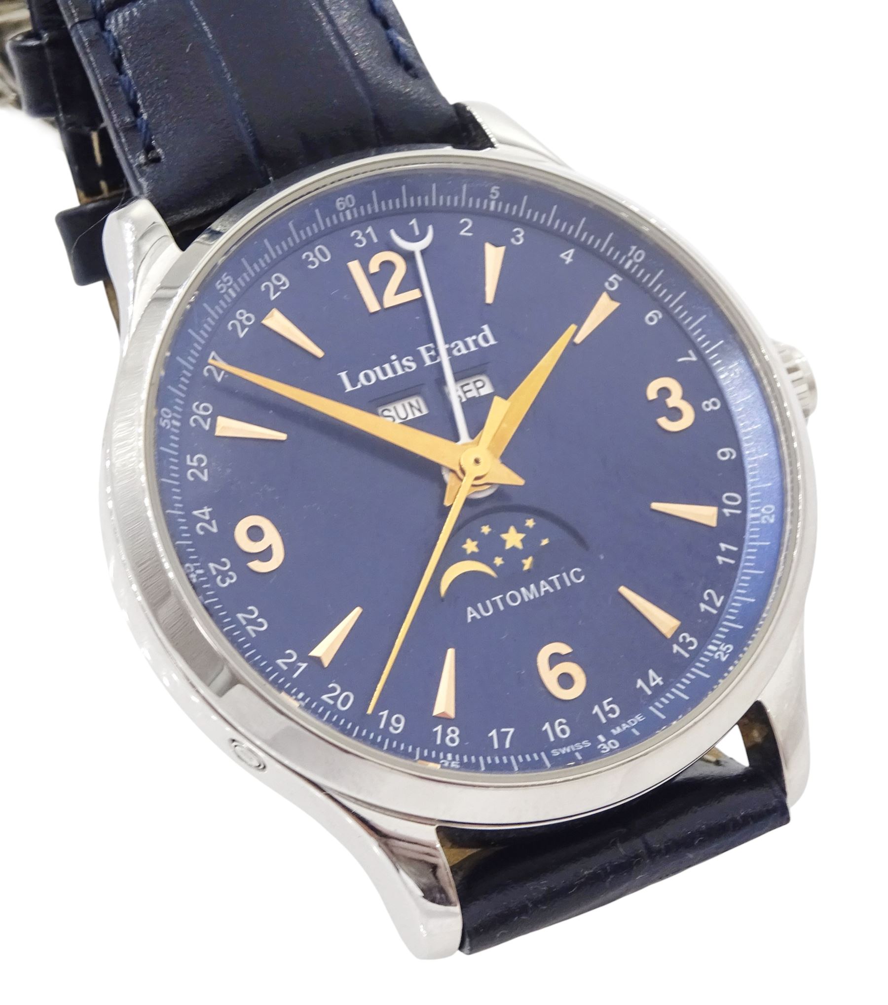 Louis Erard gentleman's stainless steel automatic moonphase wristwatch, blue dial with Arabic and dagger hour markers and day / date aperture, on blue leather strap, with fold-over clasp, boxed