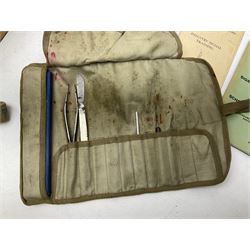 Collection of nineteen British Army booklets 1940s - 1970s including Small Arms Training 1944, various Infantry Training, Cadet Training Manual 1978, Signal Training, Commander's Aide Memoires etc; 1950s blue beret with Yorks Brigade badge; part travelling toilet set in cloth roll; all contained in pine box with webbing straps