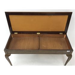 Early 20th century mahogany duet piano stool, upholstered hinged seat enclosing storage compartment, on cabriole supports, W95cm, H52cm, D38cm