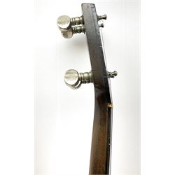 Five-string banjo with 29cm vellum head and tailpiece marked 'J.Y.' L88cm; cased