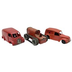 Eight Tri-ang Minic tin-plate/plastic clockwork vehicles comprising Tipper Lorry, Post Office Telephones Van, Caterpillar Tractor, Evening News Van, two Royal Mail Vans, American jeep and saloon car; all unboxed (8)