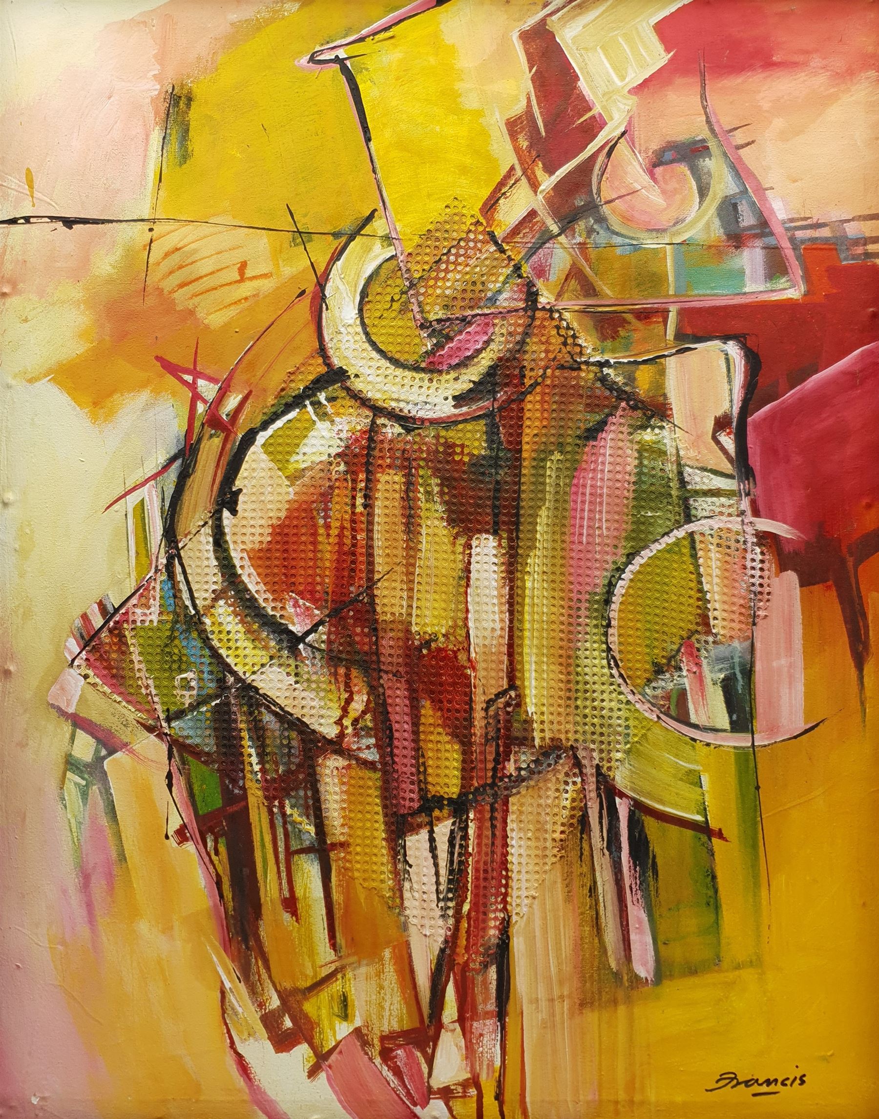 Francis Perera (Sri Lankan 1931-): Geometric Abstract, oil and mixed media on sail canvas signed 80cm x 63cm 
Notes: Perera a noted Sri Lankan artist has had many solo exhibitions both in his home country and overseas. He is a six time winner of the Presidential Award, represented Sri Lanka in Washington DC to commemorate the 50th anniversary of its independence, exhibited at the Royal Commonwealth Society in 2002, and at the 20th International Art Festival in Germany.