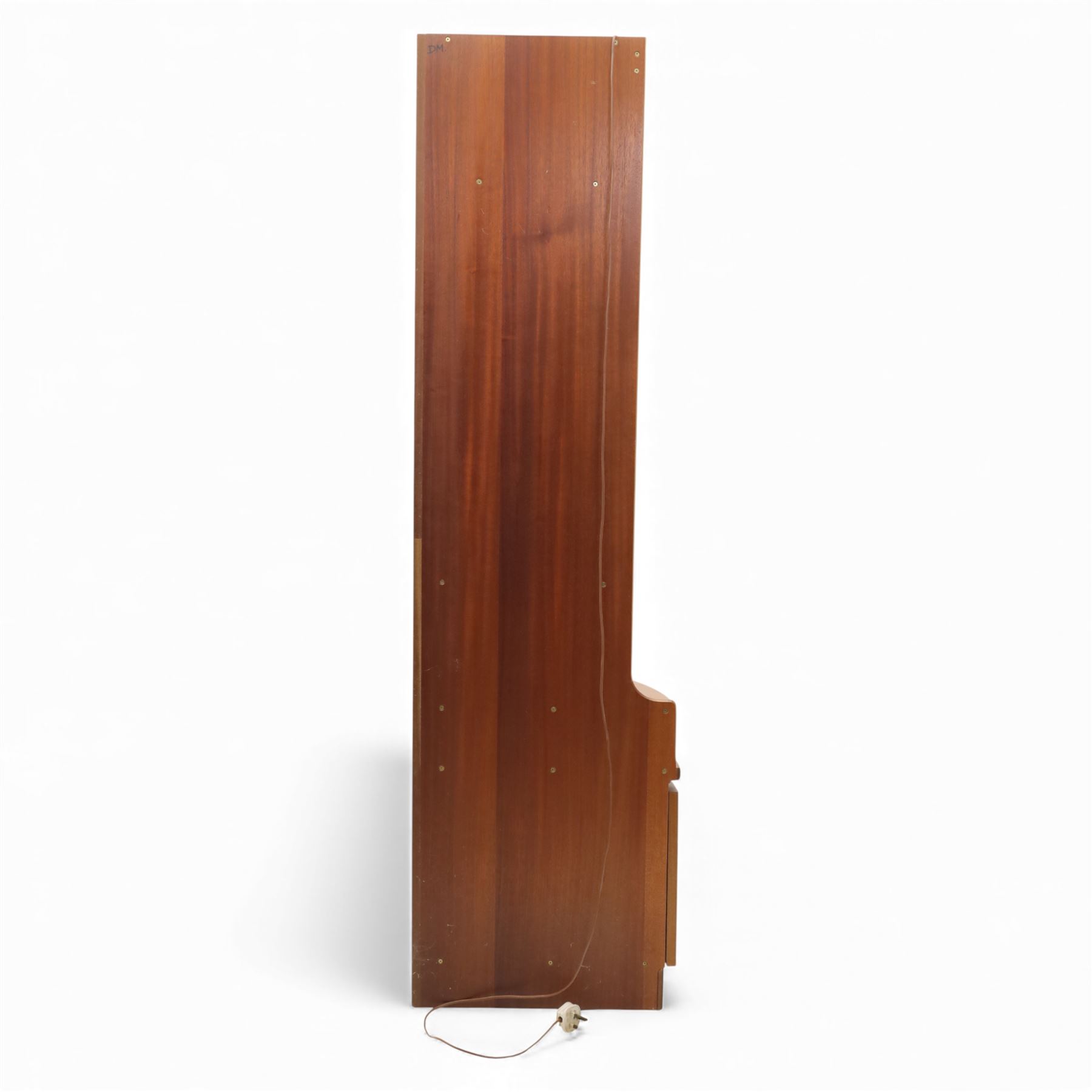 Nathan for Parker Knoll - corner cabinet, the upper section enclosed by two curved glazed doors with glass shelves, over a shaped base fitted with a single frieze drawer and panelled twin cupboard doors