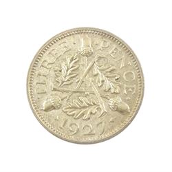 King George V 1927 proof coin set, comprising threepence, sixpence, one shilling, florin, halfcrown and 'wreath' crown, cased