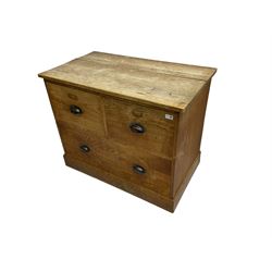 Early to mid-20th century oak chest, fitted with two short drawers over one long drawer, raised on plinth base