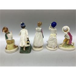 Seven Royal Doulton figures from the Nursery Rhymes Collection comprising, Tom Tom, the piper's son HN3032, Little Jack Horner HN3034, Wee Willie Winkie HN3031, Polly, put the kettle on HN3021, Little Bo-peep HN3030, Little Boy Blue HN3035, Little Miss Muffet HN2727, together with two Royal Doulton Mary had a little lamb figures HN2048 and COPR1948, all with printed marks beneath  