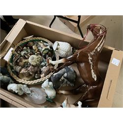 Three boxes of animal figures to include mainly ceramic and composite examples, to include Beswick (all A/F), horses, penguins, pigeons etc 