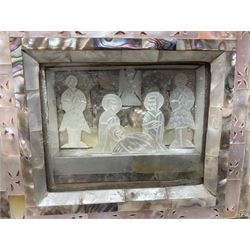 Mother of pearl nativity scene, together with mother of pearl box, shell and carved shell