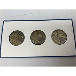 Mostly commemorative coins including Queen Elizabeth II Bailiwick of Jersey 2016 five pounds, various other commemorative five pound and crown coins, King George VI 1951 five shillings, United States of America 1883 nickel etc.