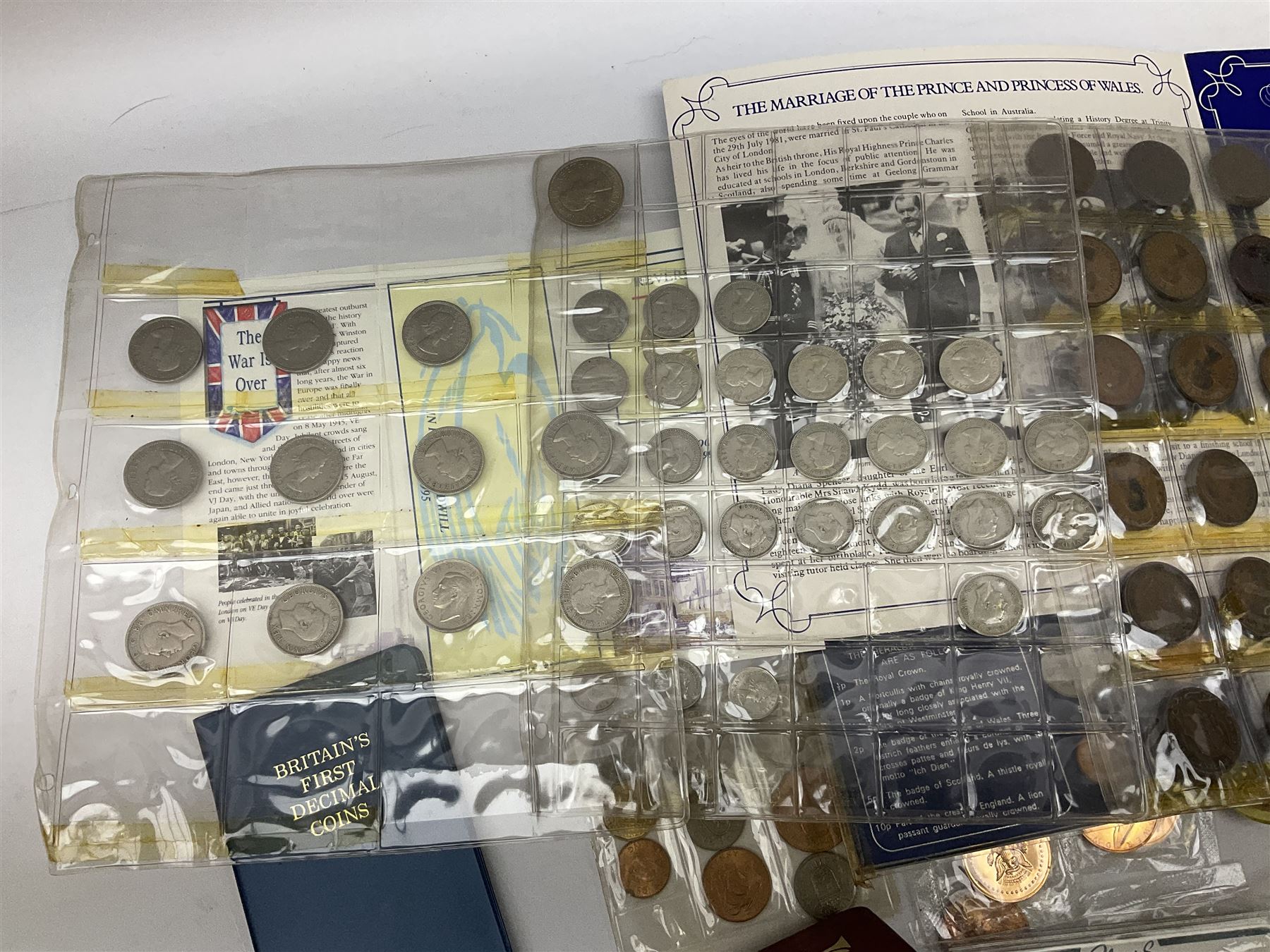 Coins including United Kingdom 1995 two pound coin on card, King George VI 1951 Festival of Britain crown, pre-decimal coinage etc, in one box