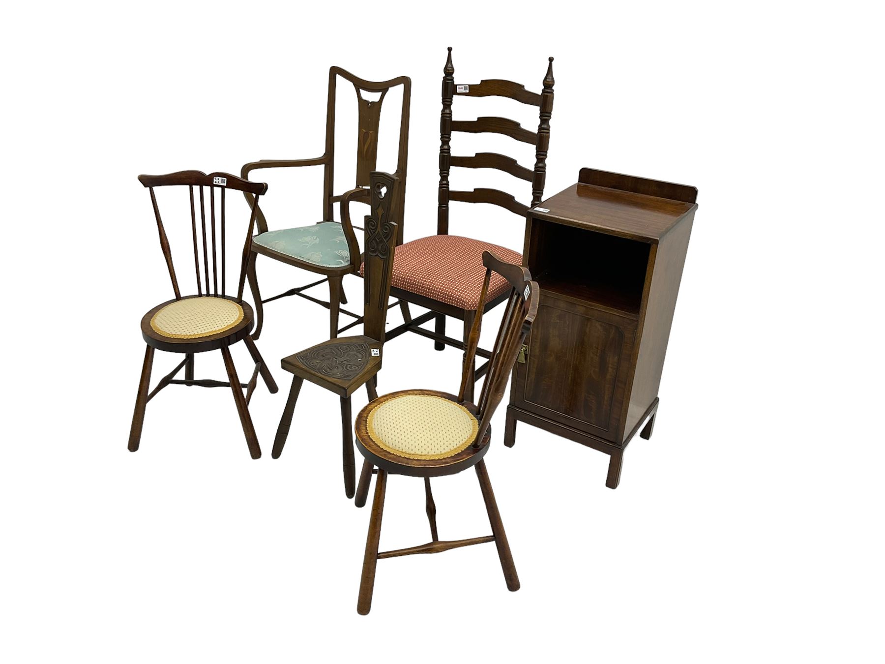 Carved spinning chair, pair beech stick back chairs, Art Nouveau style elbow chair, an oak ladder back chair and a mahogany bedside cabinet (6)