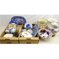  Two Royal Staffordshire 'Rural Scenes' rectangular plates, Victorian Cauldon tureen and stand, Victorian Willow pattern meat plate, large Chinese blue and white shaped dish, two large Victorian two handled pots, lacking covers, footed bowl, vase and other ceramics   