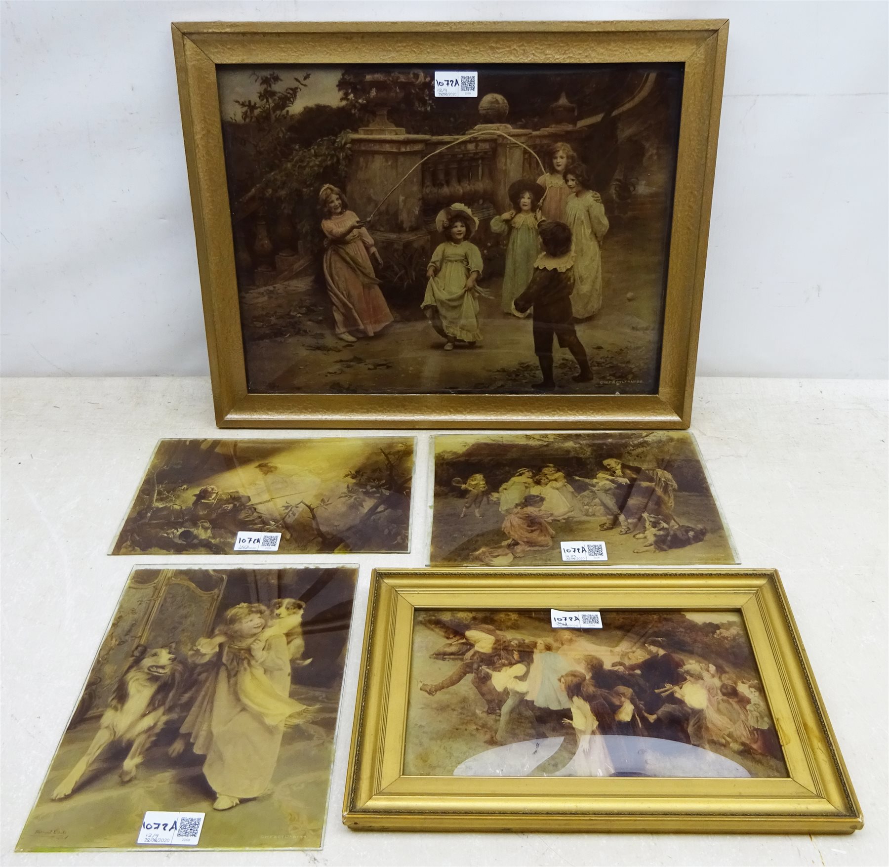 After Arthur John Elsley (British 1860-1952): 'Children Playing Jump Rope', crystoleum by C.W.F & Co Ltd No.92 and four other Edwardian crystoleums  including after Fred Morgan max 31cm x 42cm three unframed (5) 