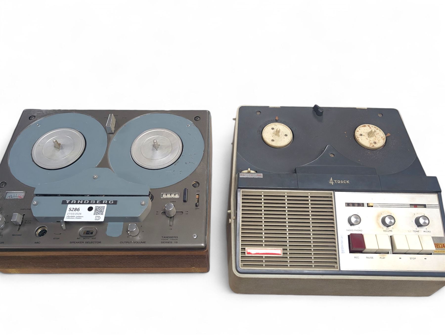 Two vintage four track reel to reel recorders, including a Tandberg Series 15 and a Stellaphone