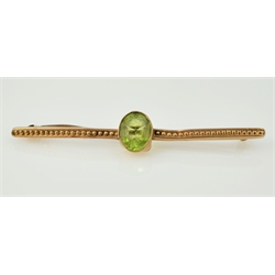  Peridot bar brooch stamped 9ct, pair jade ear-rings stamped 14K, gold cubic zirconia gold ring hallmarked 9ct, gold eternity ring stamped 9ct, gold brooch hallmarked 9ct  