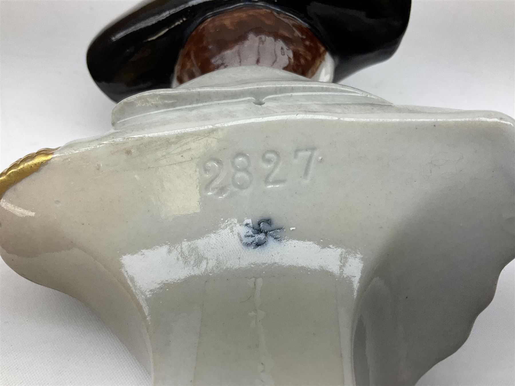 Group of Napoleonic busts comprising ‎Rudolf Kämmer Volkstedt examples of General Jean Lannes, 1st Duc de Montebello and Scottish Highland Infantry soldier and Rifleman 1803, all with blue crowned K marks beneath, and a bust of Napoleon raised upon square plinth, tallest H12cm