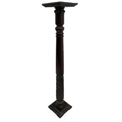 Victorian mahogany torchère or plant stand, square moulded top over turned column with lappet capital, carved with acanthus leaves, on stepped moulded square base