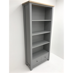 Next Malvern grey and oak finish open bookcase, three shelves above two drawers, stile supports, W84cm, H185cm, D35cm
