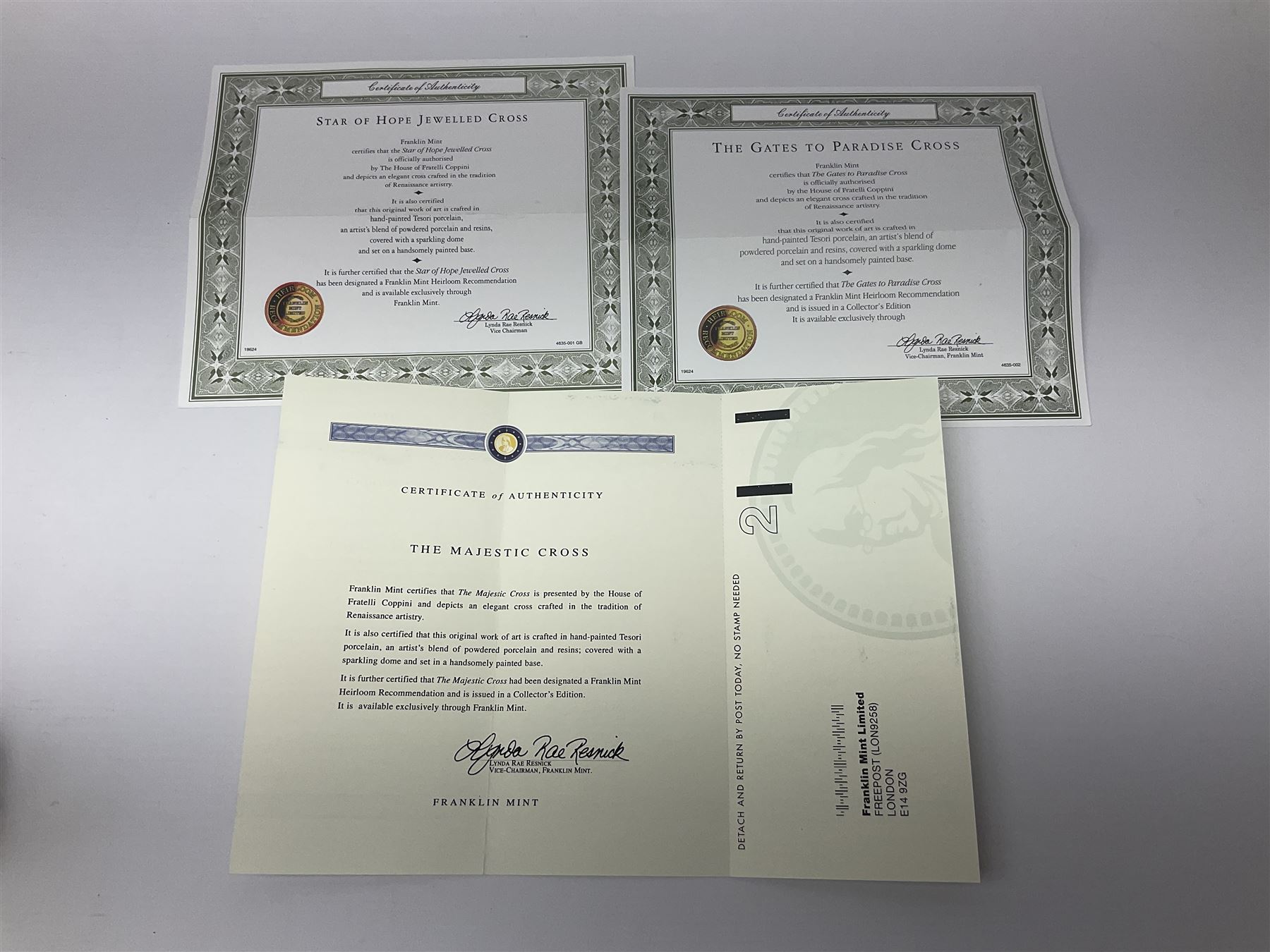 Four limited edition Franklin Mint House of Fratelli Coppini crosses, to include Majestic Cross, Sacred Cross, Star of Hope Jewelled Cross and The Gates to Paradise Cross, all under glass domes, H13cm