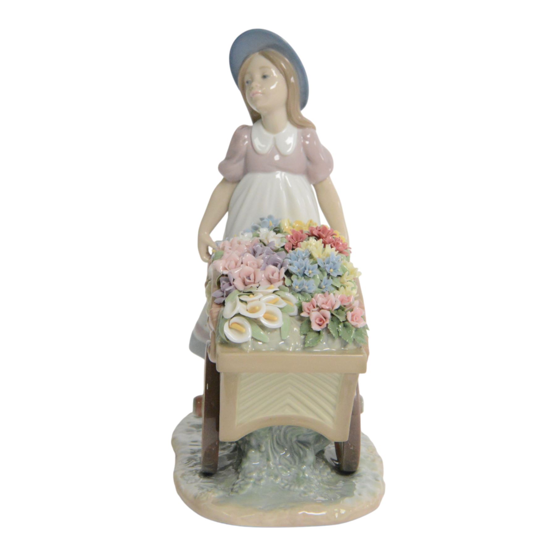 Lladro, Love's tender tokens girl, with floral filled wheelbarrow, model 6521, H23cm