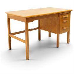 Abbess Woodwork Company - Mid  20th century solid oak single pedestal desk, rounded rectangular top with single pedestal, oak pull handles with fitted slide, above a drawer with cutlery divider, over a double height drawer, square tapering supports united by stretchers