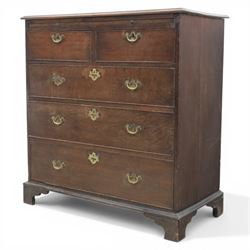 18th century oak chest, rectangular top with moulded edge, fitted with five drawers and baize line slide, with swan neck brass handles, raised on bracket feet