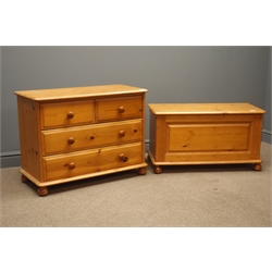  Pine chest, two short and two long drawers, on bun feet, (W84cm, H64cm, D40cm, and matching blanket box with hinged lid.  