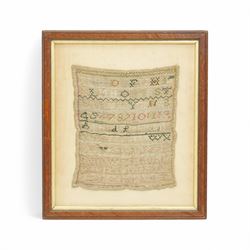 Early 19th century alphabet sampler by Sarah Beetham, with verse 'Sarah Beetham worked thif sampler in the 9 year of her age', together with two other early samplers, one by Eliza Popple of Gosberton, dated c. 1847, worked with alphabet, foliate and deer motifs, largest 32cm x 29cm (3)