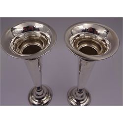 Pair of modern silver trumpet vases, each with fluted rim, upon tapering stem and slightly domed weighted circular foot, hallmarked Charles S Green & Co Ltd, Birmingham 1971, H20cm