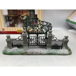 Christmas decorations; Lamax light up English Lane wall hanging, together with Lemax Frolic in the snow, Victorian parkway and other christmas signs and figures