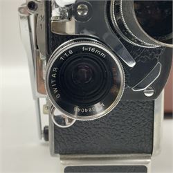 Paillard Bolex H16 RX5 cine camera body with turret for interchangeable lenses, serial no. 232492, with 'Switar H16RX 50mm f1.4' lens, serial no. 667880, 'Switar H16RX 25mm f1.4' lens, serial no.675510, 'Switar H16RX 16mm f1.8' lens, serial no. 884046 and RX fader, in fitted leather carrying case