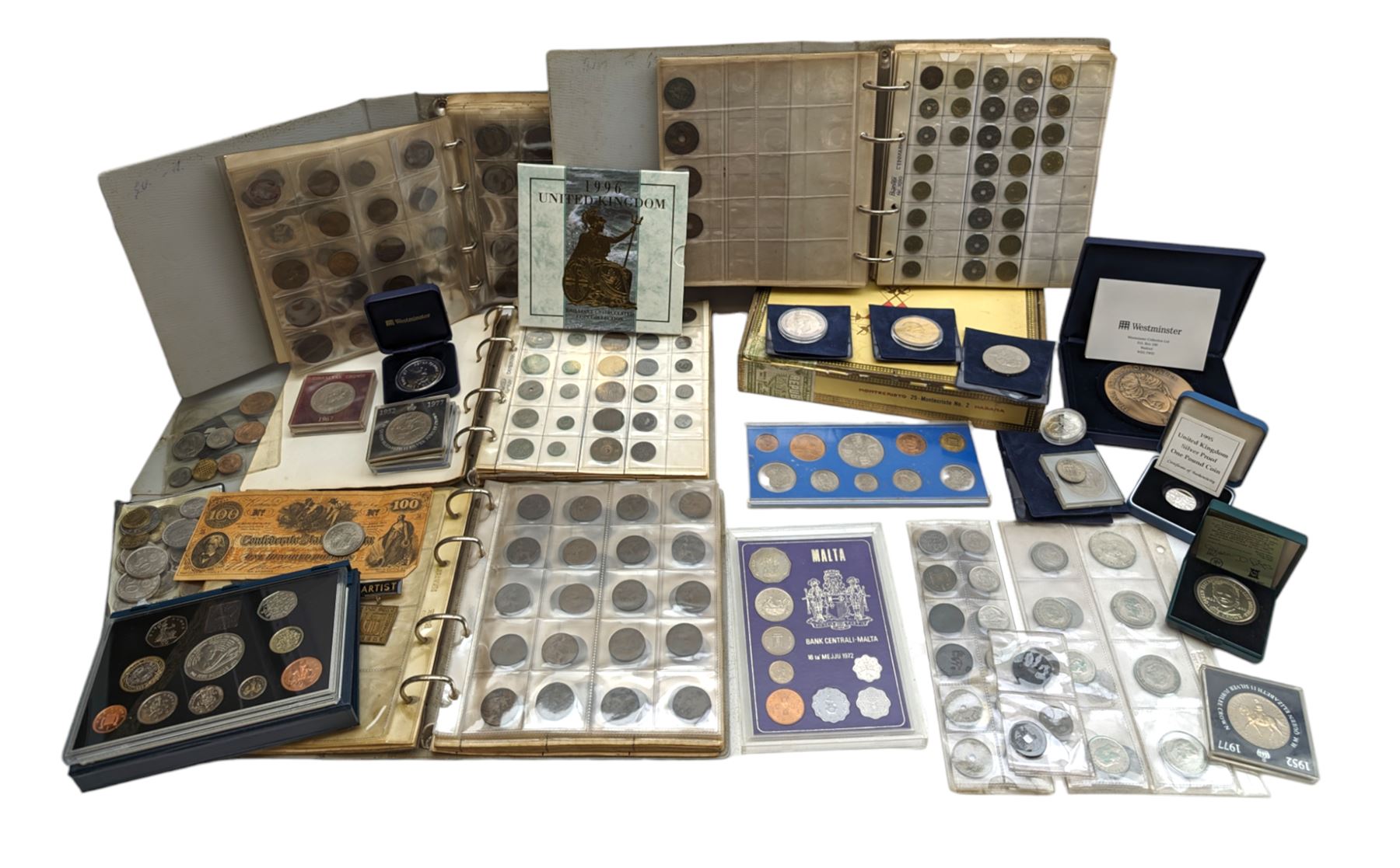 Great British and World coins, including 1996 brilliant uncirculated coin collection in card folder, 1998 proof coin set in blue display with certificate, commemorative crowns, 1953 unofficial year set in plastic holder, pre-decimal coinage, pre-Euro coinage etc, housed in various ring binder folders and loose