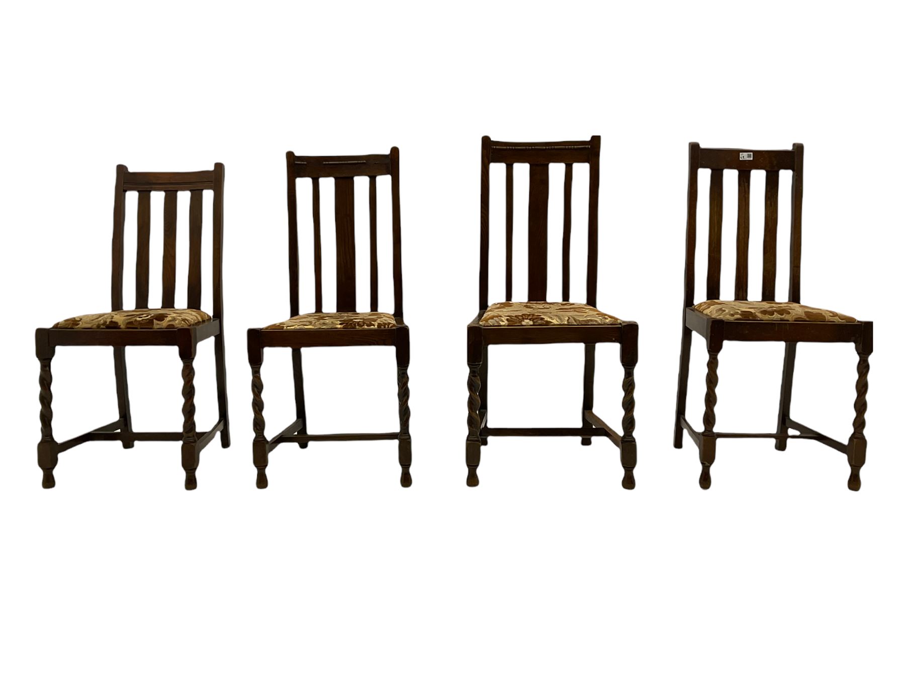 Early 20th century oak barley twist drop leaf dining table (105cm x 154cm, H74cm), and four chairs 