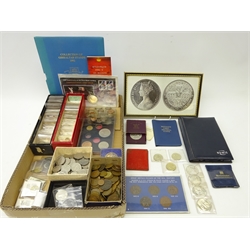  Collection of British and world coins including four pope Joannes Pavlvs II medallions, 1992 'Collection of Gibraltar Stamps' with two pound coin, '30th Anniversary of the Moon Landing' commemorative coin cover, set of pennies 1912H, 11918H, 1918KN, 1919H and 1919KN in plastic display, replica coins and other coinage in one box  