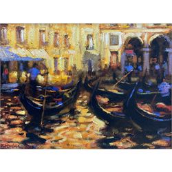 John Mackie (Scottish 1953-): 'Gondolas - Venice', oil on canvas signed and dated 2013, 28cm x 38cm 