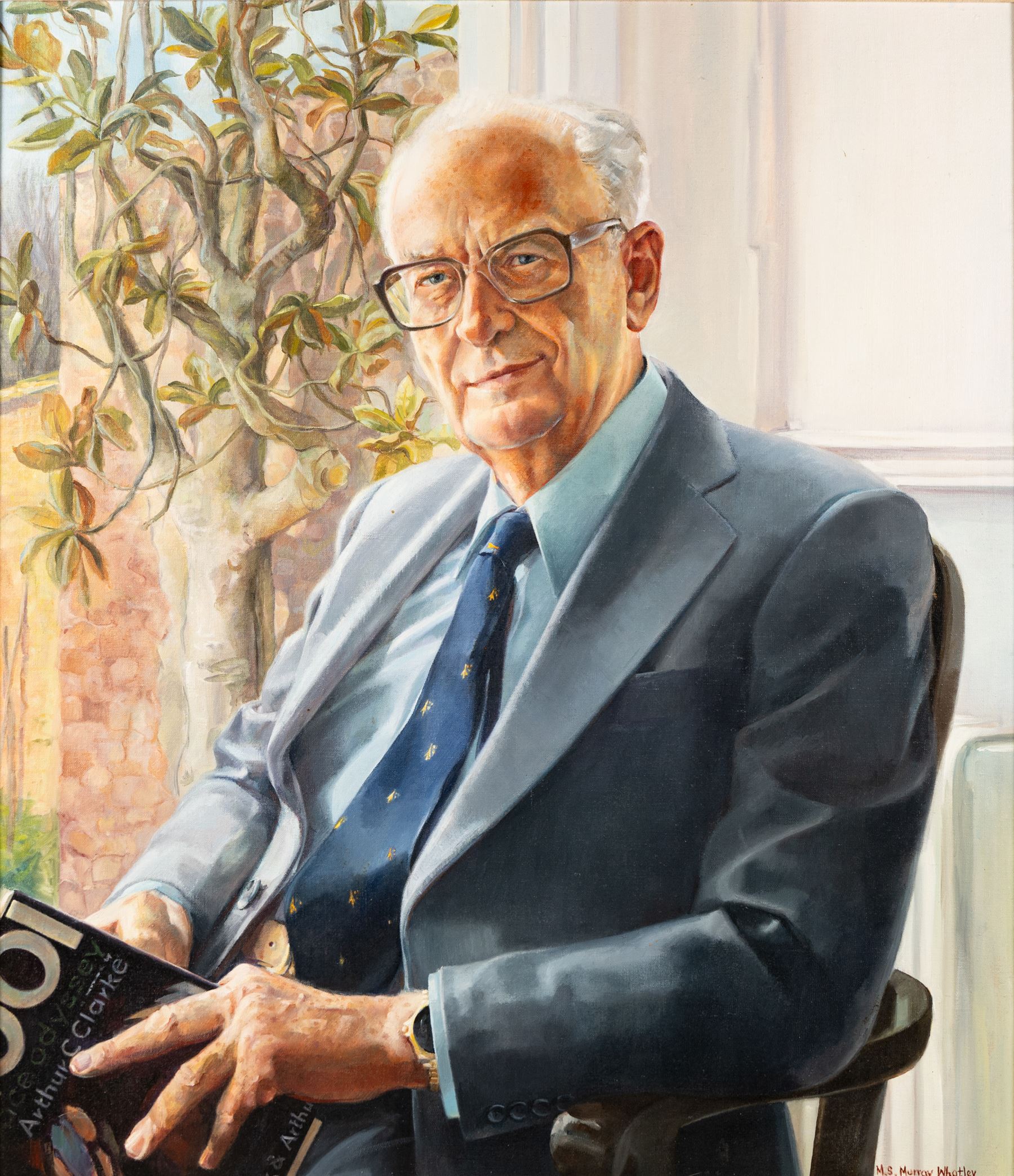 Margaret Stella Murray Whatley (British 1942-2019): Portrait of Arthur C Clarke holding a copy of 2001 A Space Odyssey, oil on canvas signed, 75cm x 64cm
Notes: This item is from the private collection of Arthur C. Clarke's brother. 