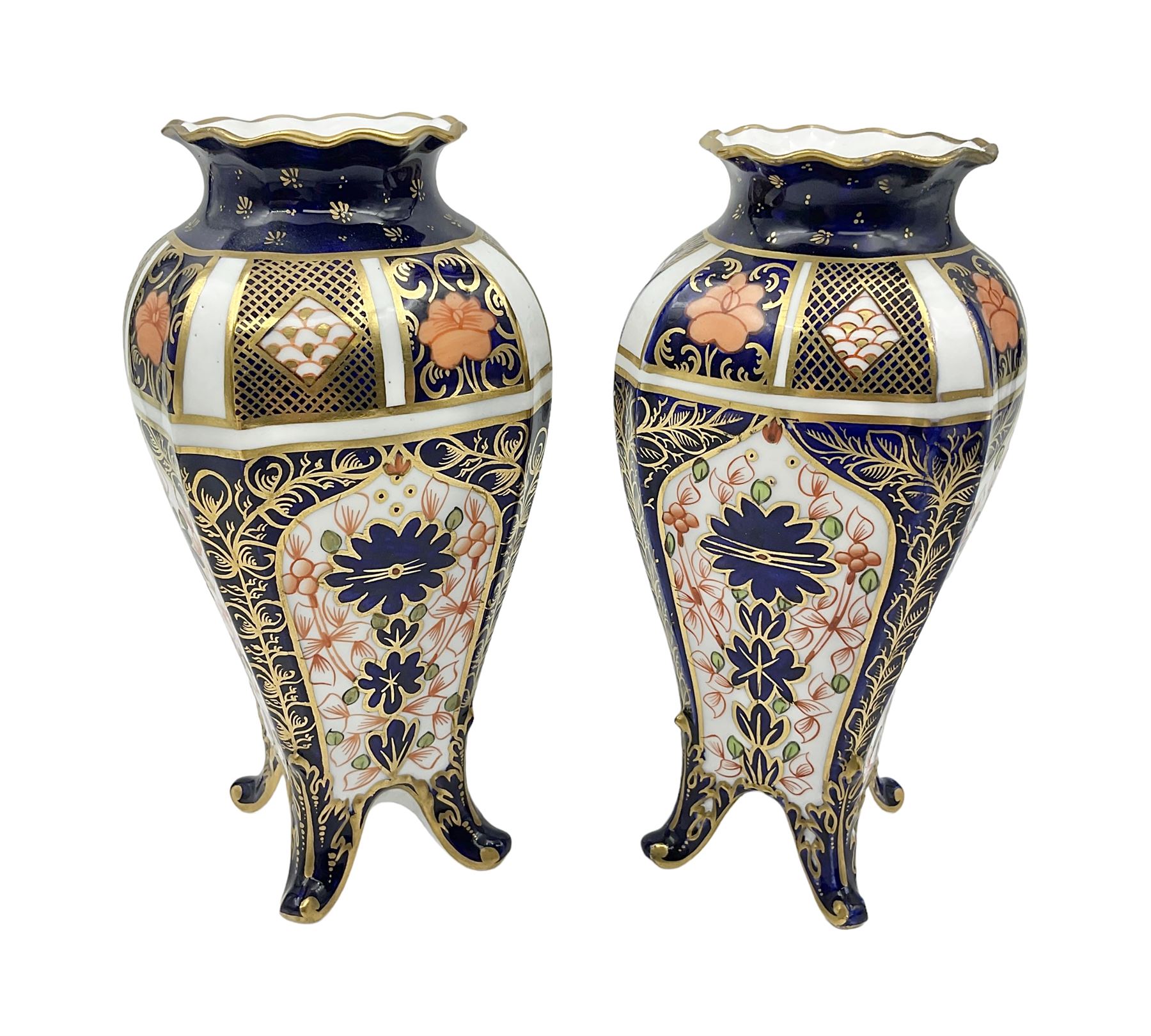 Pair of early 20th century Royal Crown Derby Imari 1128 pattern vases, of tapering straight sided form with waisted neck and frilled rim, upon four splayed feet, with printed and painted marks beneath including illustration date codes for 1911 and 1920, H17cm