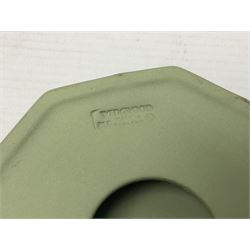 Collection of  Wedgwood green Jasperware, to include large jug, vases, trinket dishes, etc together with two teal Jasperware vases 