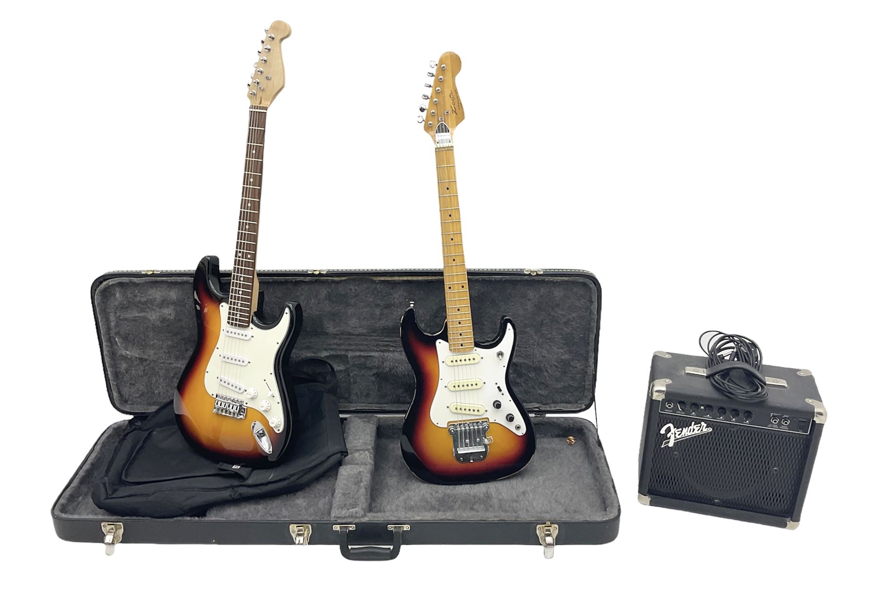 Fender style sunburst electric guitar with manuscript mark 'Zenta Stratocaster 1963' L97cm; in hard carrying case; another similar unmarked sunburst electric guitar; in gig bag; and Fender Frontman Amplifier, serial no.M473406 (3)