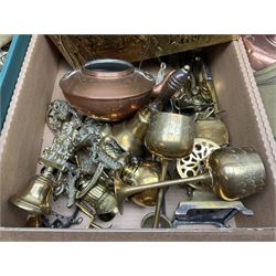 Quantity of copper pans and teapots, dish and sieve with pierced heart decoration and brass handle, together with quantity of brassware to include brass Art Nouveau crumb tray and brush, repousse chargers, fire tool accessories, decorative canon, sword and guns etc