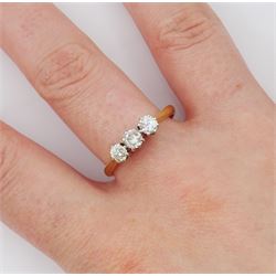 18ct gold three stone round cut diamond ring, stamped , total diamond weight approx 0.70 carat