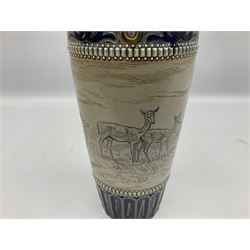 Late 19th century Doulton Lambeth sgraffito vase decorated by Hannah Barlow, of ovoid gently tapering form with short neck, decorated with a central sgraffito band of deer between scrolling borders, with impressed and incised marks beneath including monogram, H27.5cm