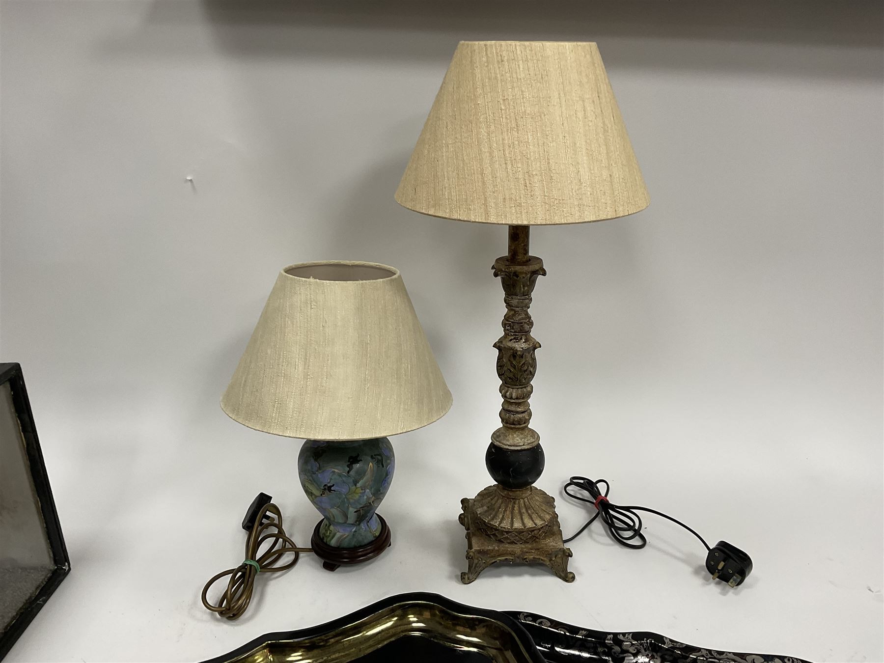 Two lamps and two reproduction papier mache style trays