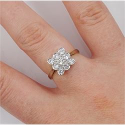 Early-mid 20th century 18ct gold milgrain set diamond square cluster ring, stamped, total diamond weight approx 0.45 carat