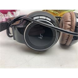 Metamec and H. Samuel battery operated brass carriage clocks, bronzed style abstract figure signed 'Cotp W', two art glass splash bowls, etc