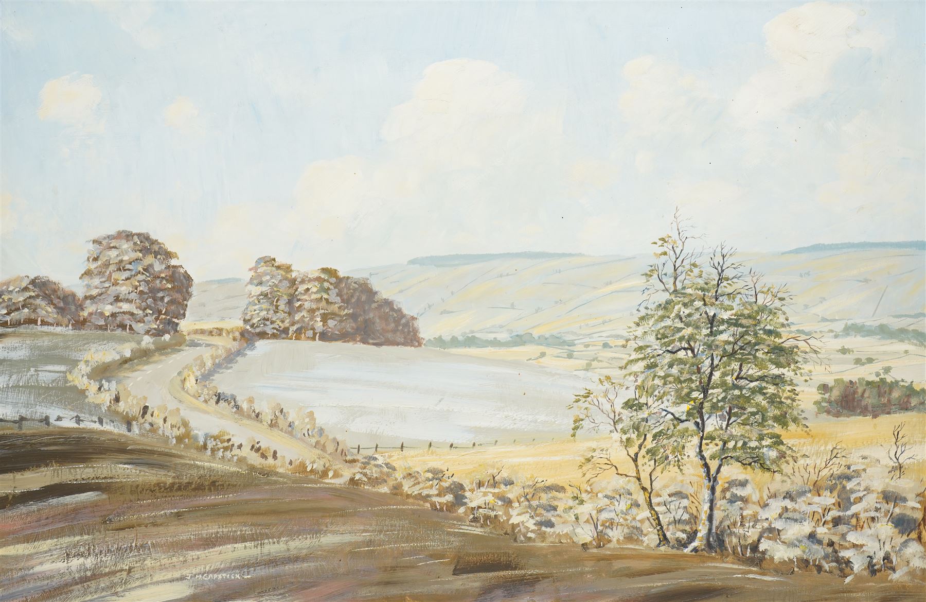 John H Capstick (British 20th century): 'Summer Wolds', oil on board signed, artists label verso 49cm x 75cm