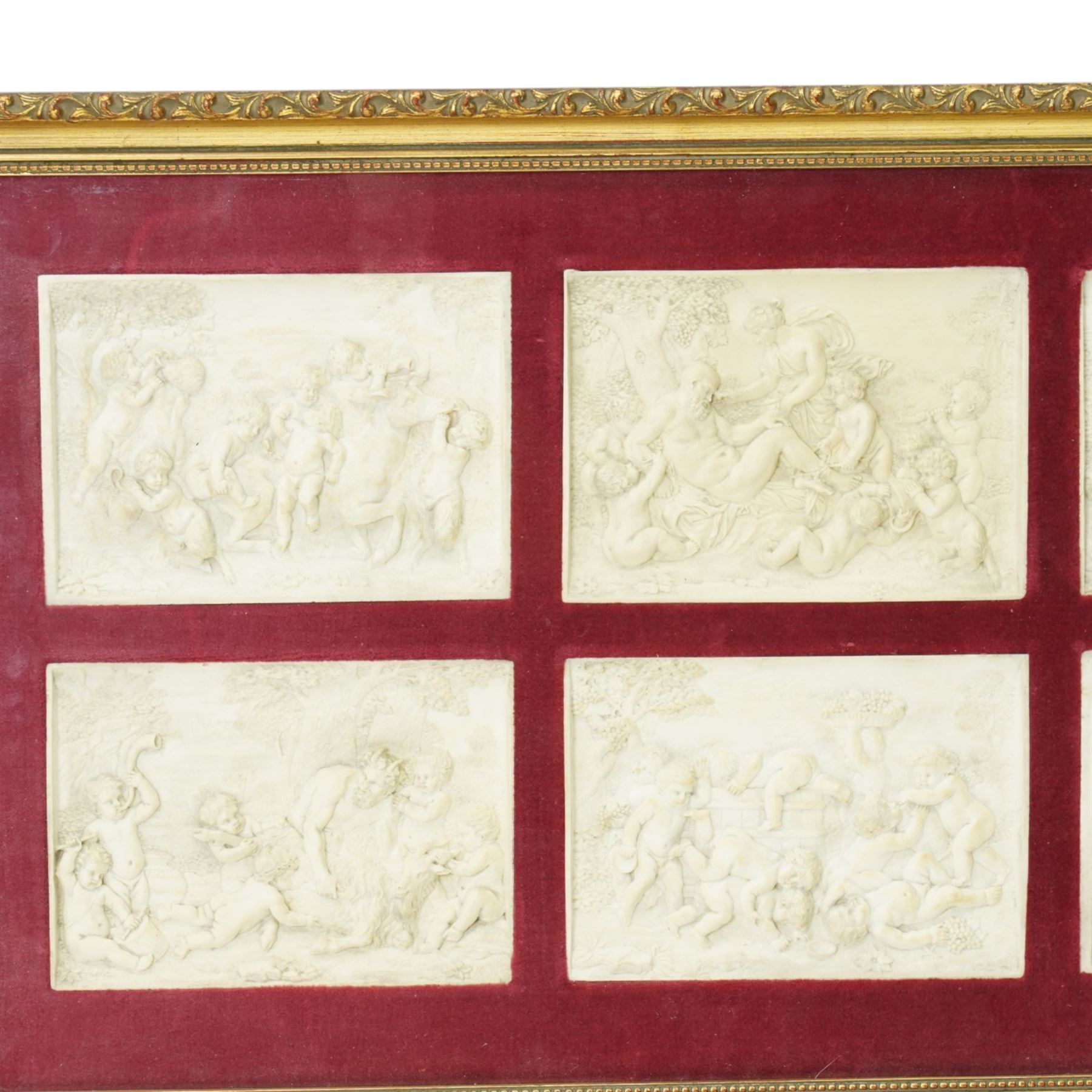 Set of six 19th century relief moulded plaster plaques depicting cherubs, possibly from the Mintons Museum and formerly from the estate of a Mintons artist each 11cm x 15cm in one frame