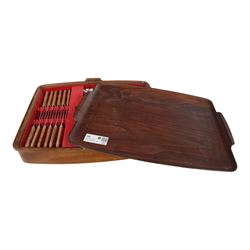 1960's fitted canteen of Sanenwood wooden handled stainless steel cutlery for six covers, including additional fish eaters with slide off tray cover 