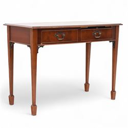 Edwardian mahogany desk, crossbanded rectangular top above twin drawers with brass handles...